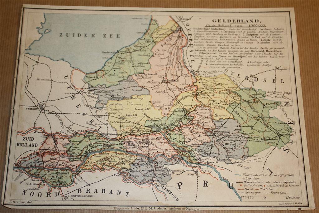 Antieke provinciekaart - Gelderland - Bruins 1895 !!, Gelezen, Ophalen of Verzenden, Landkaart, 1800 tot 2000