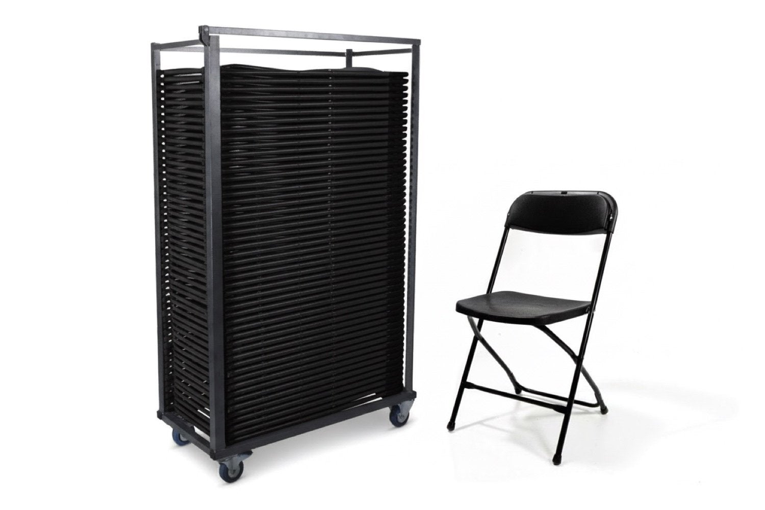 50x Zwarte Professionele Klapstoelen incl. Transportkar, Ophalen, Zo goed als nieuw, Overige