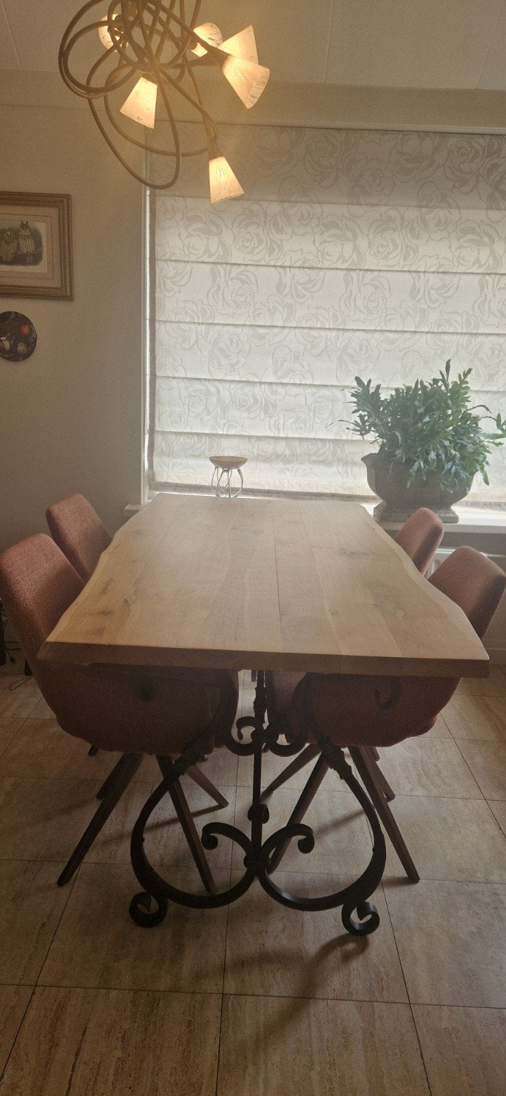 Eettafel met eiken blad en smeedijzeren onderstel, Ophalen, 50 tot 100 cm, Vijf personen of meer, 150 tot 200 cm