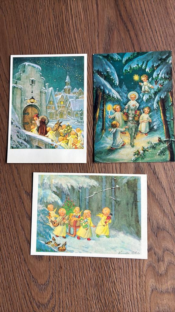 3 kaarten met engeltjes, ezel, kerstman,kerstboom,cadeautjes, Ophalen of Verzenden