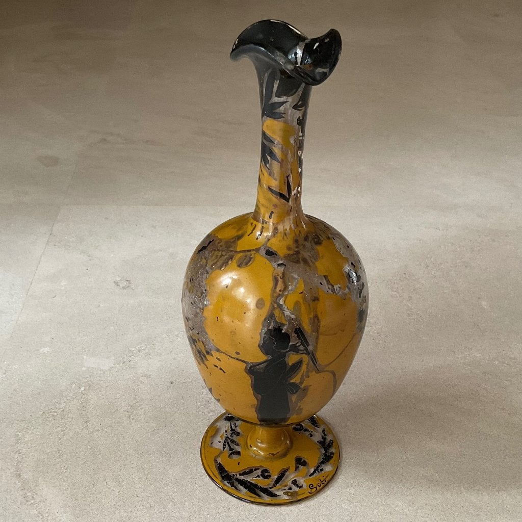 Beschilderd antiek vaasje van glas gesigneerd Soli? gebruikt, Antiek en Kunst, Antiek | Glas en Kristal, Verzenden