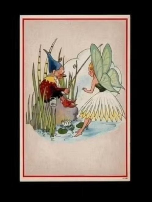 Ansichtkaart Elfje Kabouter aan het Vissen Waterlelie., Ophalen of Verzenden, 1920 tot 1940, Ongelopen, Kinderen