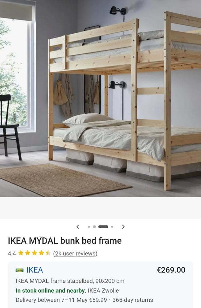 Ikea stapelbed, Ophalen, 90 cm, 160 tot 180 cm, Tweepersoons