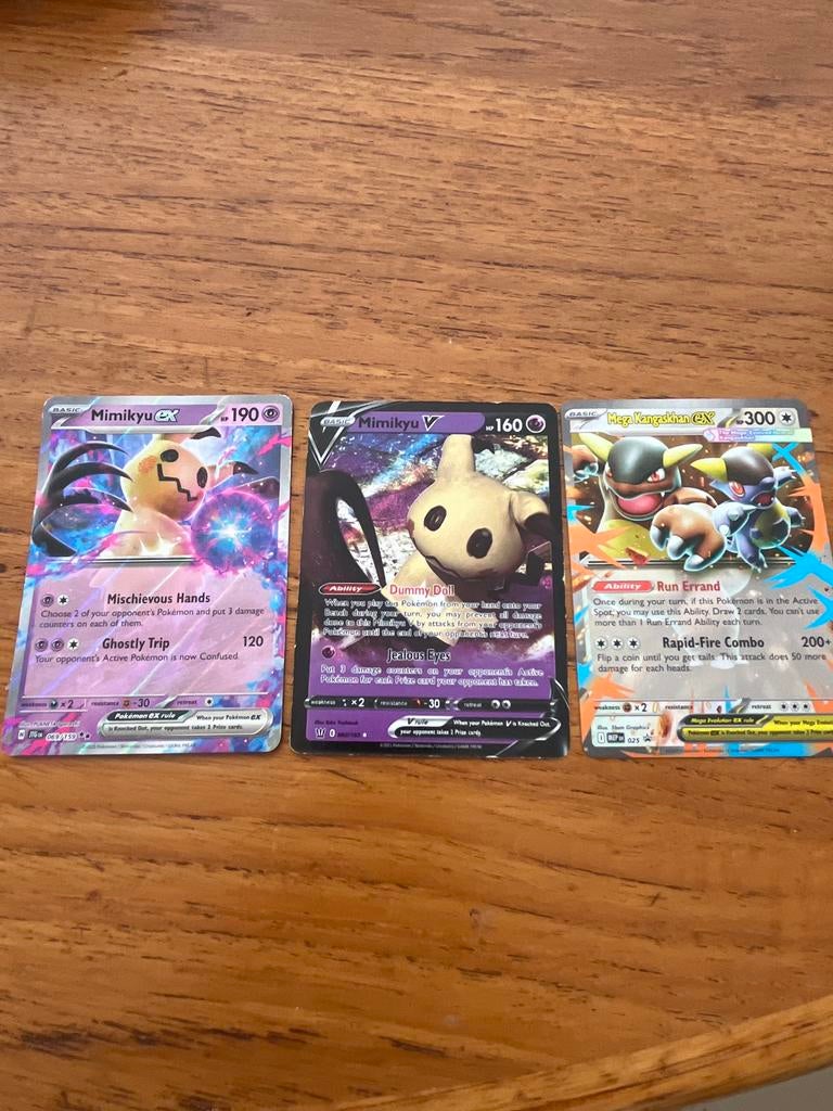Pokémon kaarten: Mimikyu ex, Mimikyu V & Mega Kangaskhan EX, Ophalen of Verzenden, Gebruikt, Meerdere kaarten