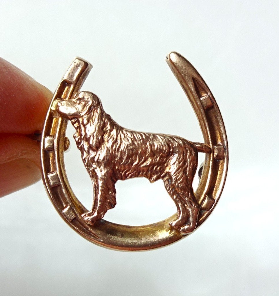 Antieke doublé / verguld Engelse broche: hoefijzer met hond, Sieraden, Tassen en Uiterlijk, Antieke sieraden, Ophalen of Verzenden