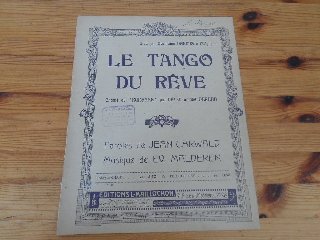 Un songe bleu - le tango du reve - e. V. Malderen, Muziek en Instrumenten, Bladmuziek, Piano, Gebruikt, Ophalen of Verzenden, Artiest of Componist