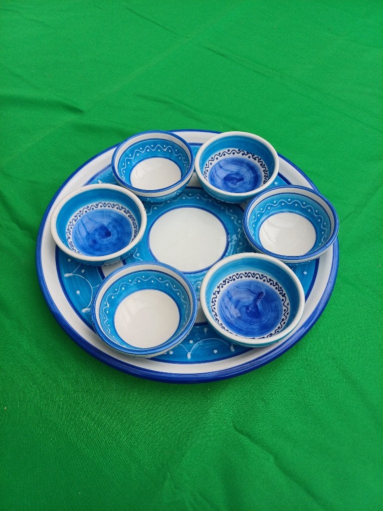 Decoratieve schaal met 6 kommetjes - Blauw/Wit, Ophalen, Zo goed als nieuw, Steen/keramiek, Overige merken