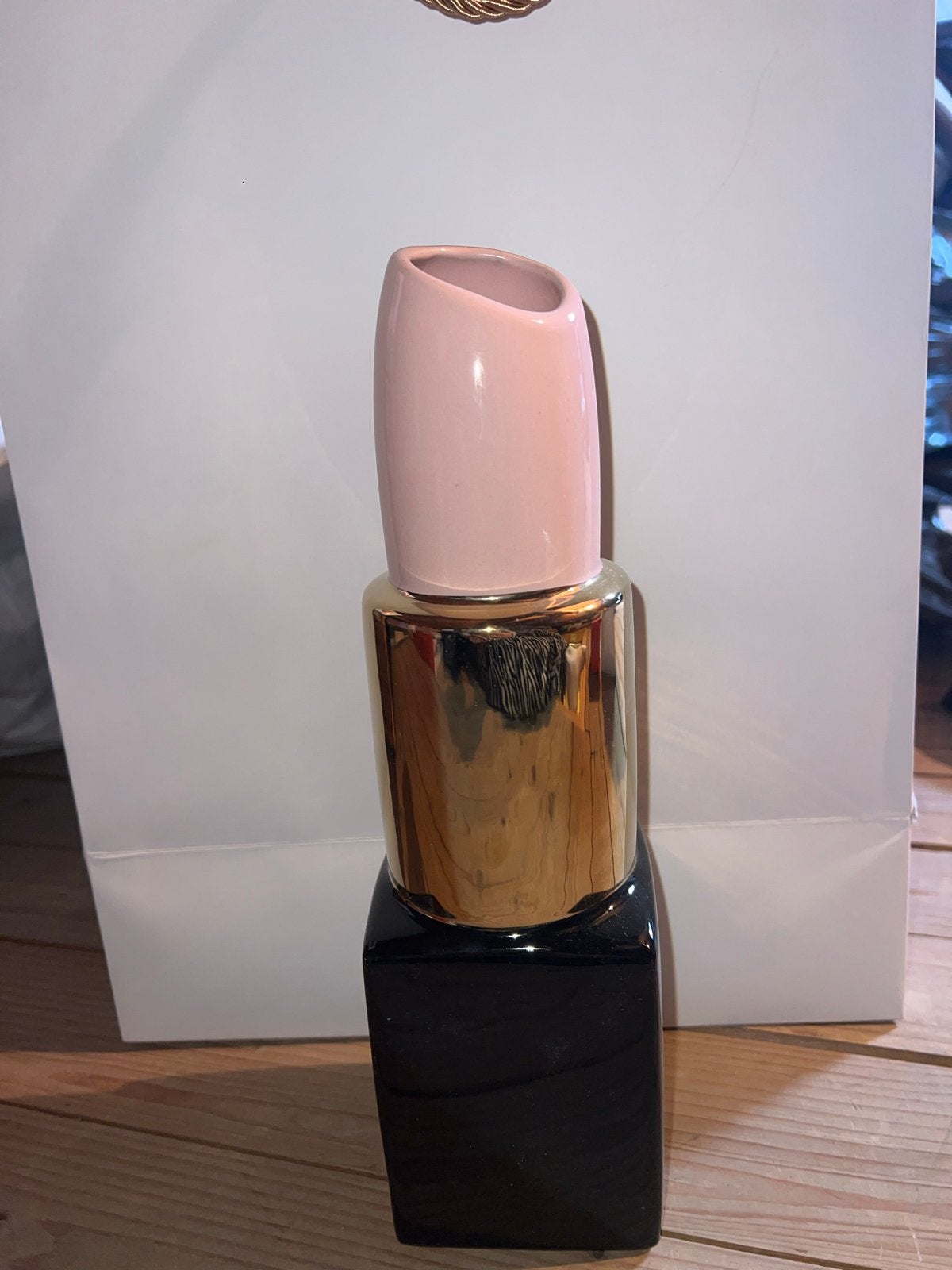 Decoratieve lipstick vaas - Roze, goud, zwart, Handgemaakt, Ophalen of Verzenden, Zo goed als nieuw, Roze
