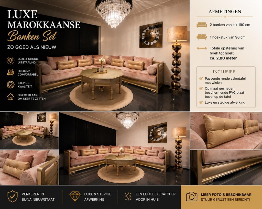 Marokkaanse Banken/Sedari Set – Complete Luxe Uitstraling, Ophalen of Verzenden, Zo goed als nieuw, 75 tot 100 cm, Vierpersoons of meer