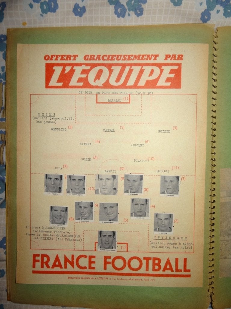 Opstellingsblaadje L'Equipe Reims - Feijenoord 6 febr. 1963, Ophalen, Gebruikt, Feyenoord, Overige typen