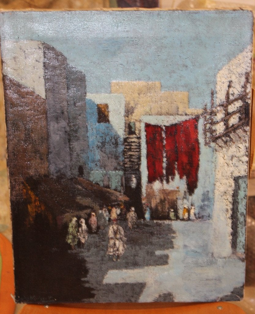 No 9 Olieverfschilderij: Stadsgezicht met Figuren Windhorst, Gelakt/vernis, Verzenden, Olieverf, Overige materialen
