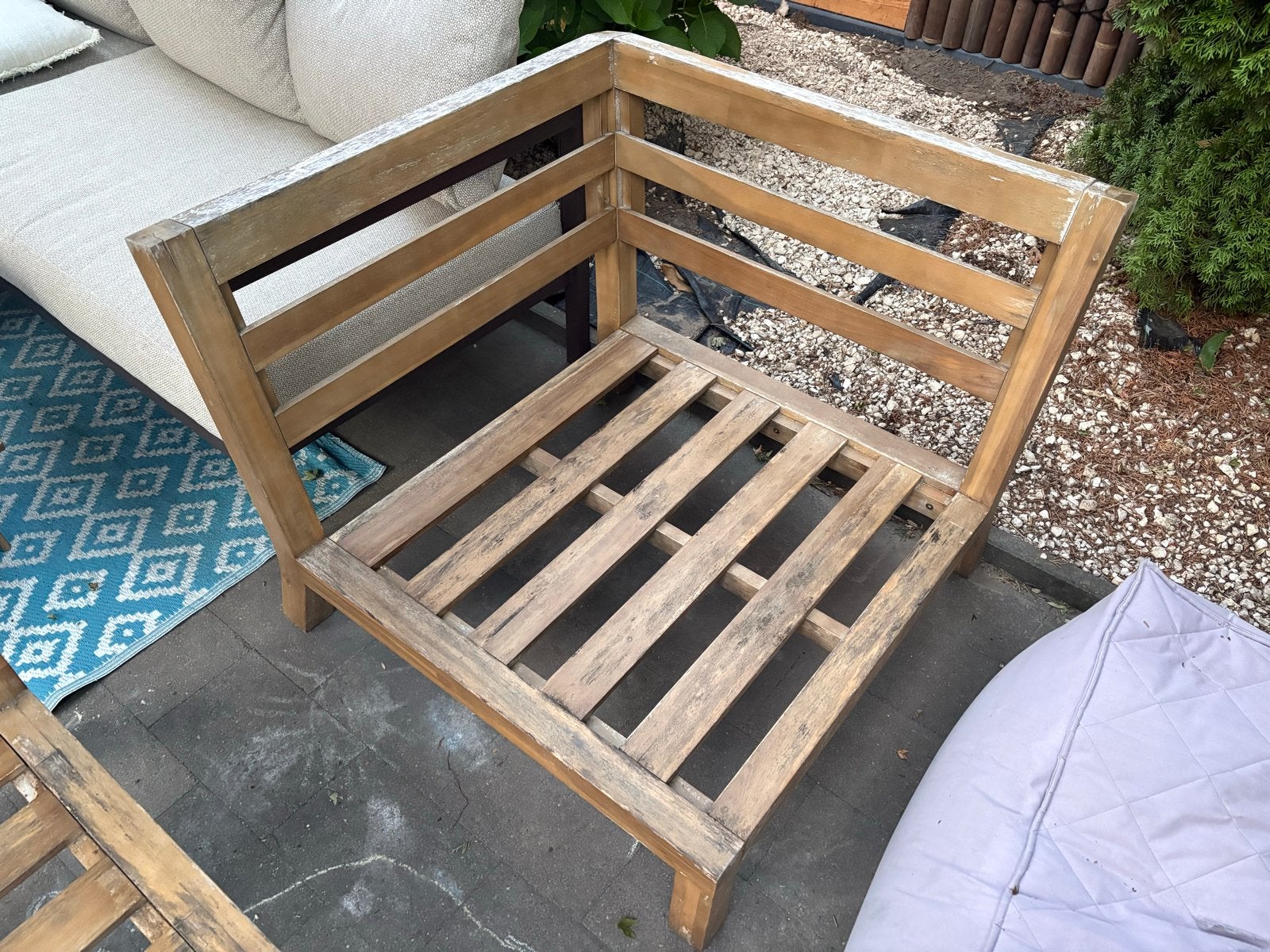 Palletbank teak acaciahout, Huis en Inrichting, Stoelen, Ophalen, Gebruikt, Bruin, Vier