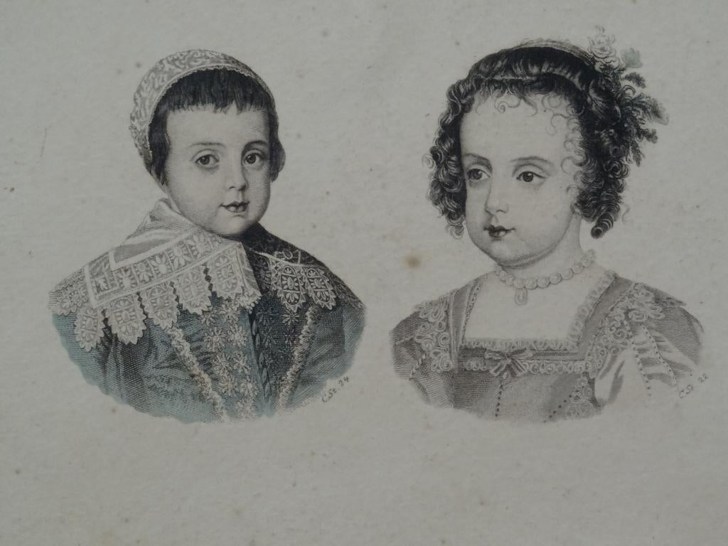 Gravure in kleur mode van drie kinderen uit 17e eeuw, Verzenden, Portret, 1600 - 1699, Gravure