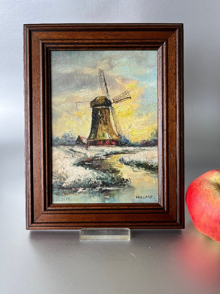 Oud klein gesigneerd schilderijtje : Piet v Beek, molen, Paneel, Ophalen of Verzenden, Landschap, Olieverf
