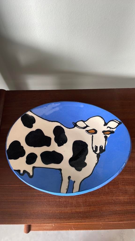 Blauw schaaltje met koe abstract van Jan Kamphuis, Ophalen of Verzenden