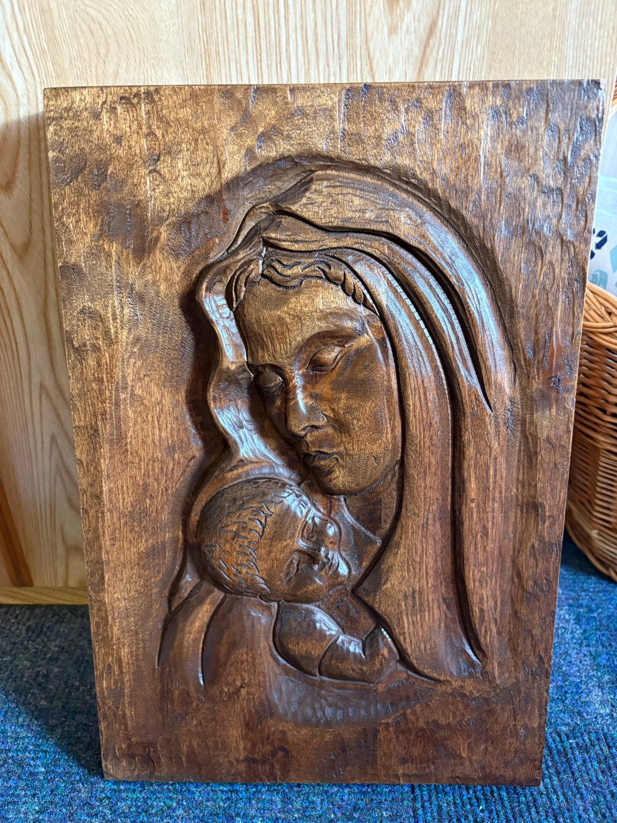 Houten wanddecoratie: Maria met kind, Ophalen of Verzenden, Handgemaakt, Wanddecoratie, 20 - 50 cm