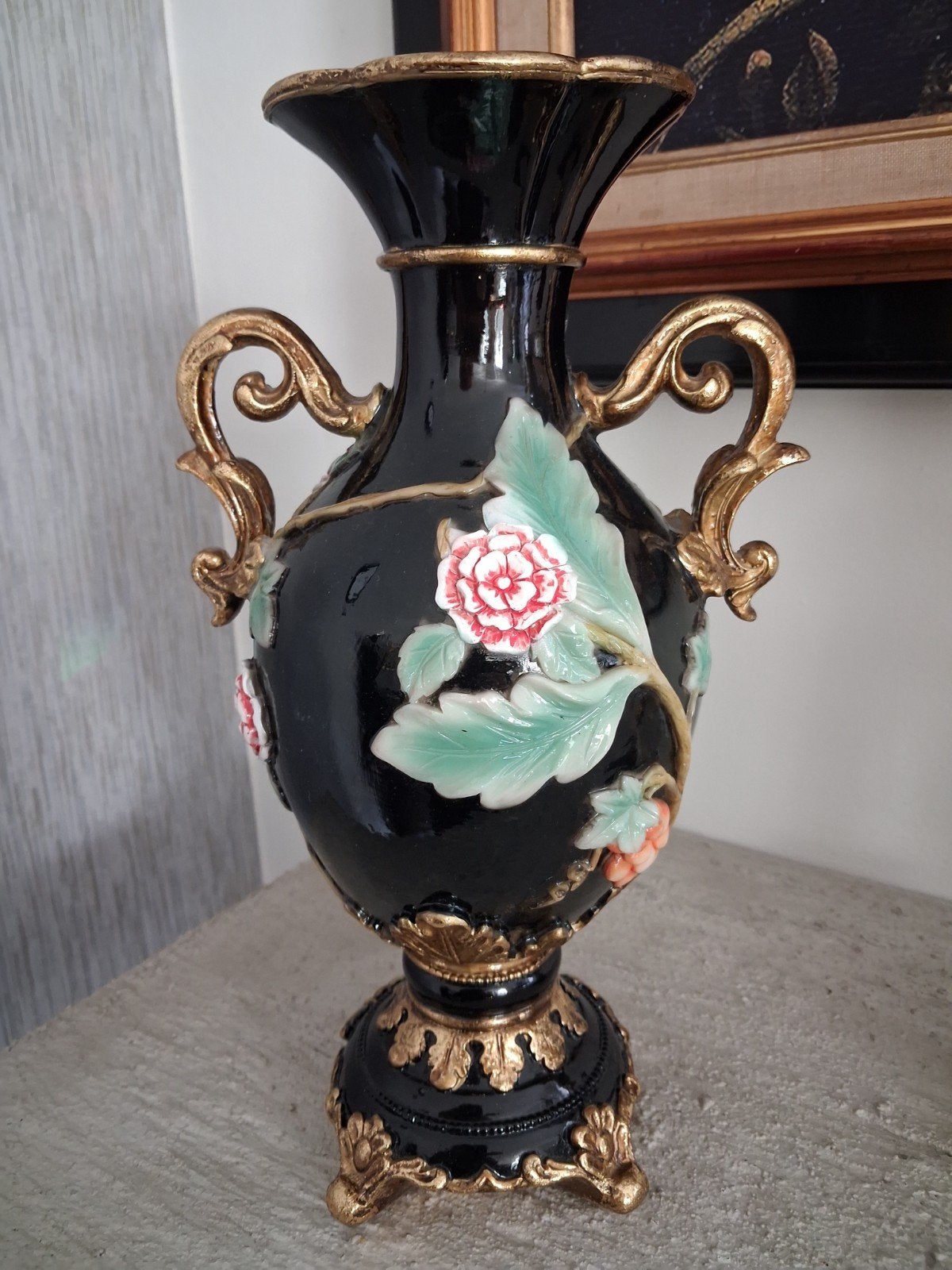 Decoratieve vaas met vogel en bloemen, zwart en goud, Ophalen of Verzenden