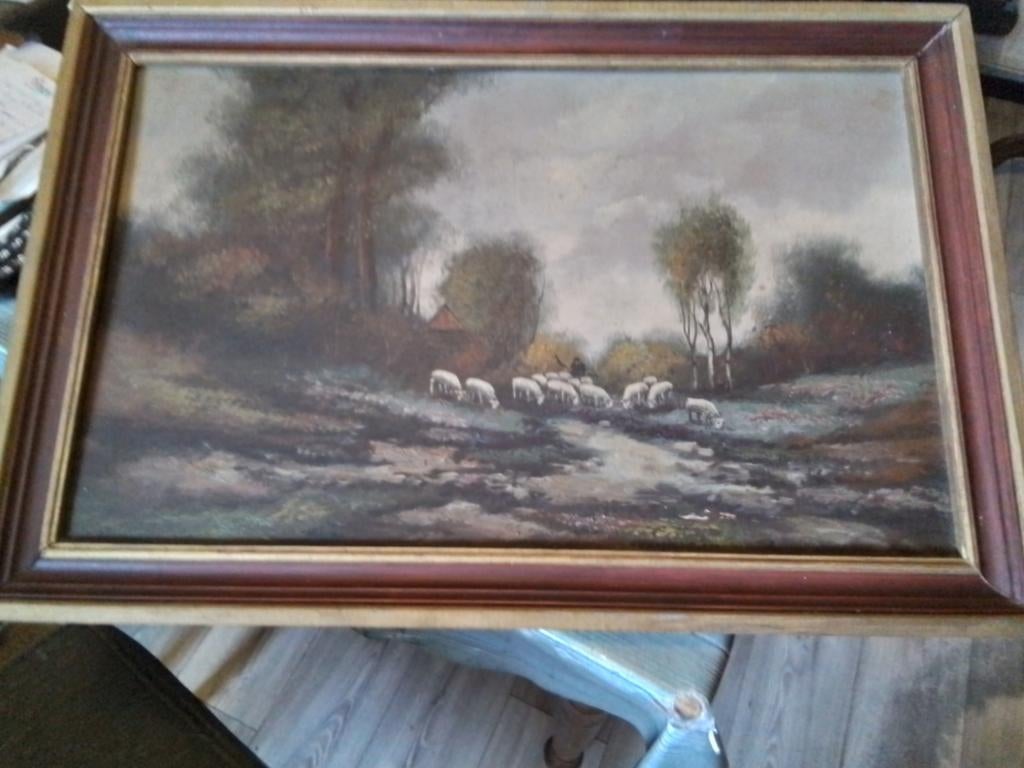 Oud olieverfschilderij in mooie houten lijst., Ophalen of Verzenden