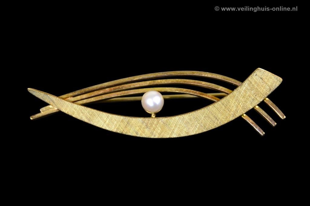 Gouden vintage broche met parel, Sieraden, Tassen en Uiterlijk, Broches, Ophalen, Gebruikt, Goud, Met parel