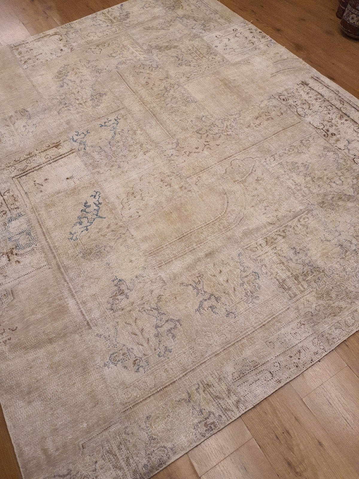 Vintage handgeknoopt oosters tapijt patchwork 250x202, Info@SlatsAntiek.nl, Tweedehands, 200 cm of meer, Ophalen of Verzenden