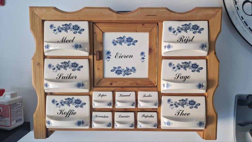 Vintage kruidenrek met porseleinen bakjes, Hout, Ophalen of Verzenden, Bruin, Overige typen