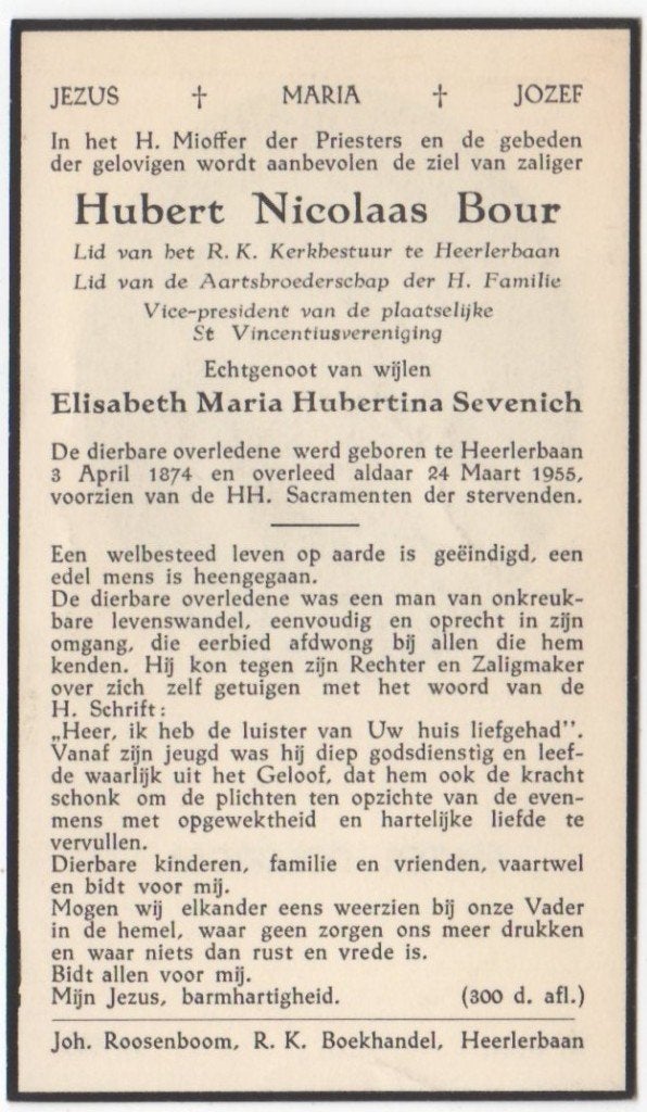 Hubert Nicolaas Bour 1874 - 1955 Heerlerbaan, 80 jaar oud, Ophalen of Verzenden