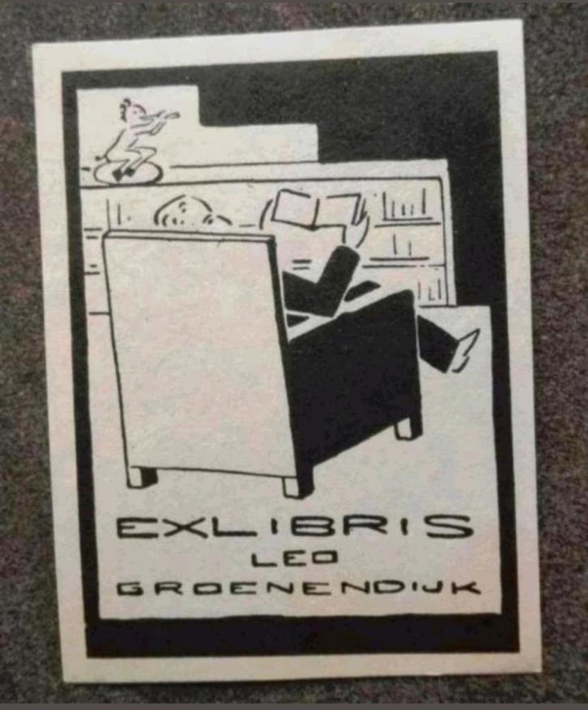 Exlibris Leo Groenendijk (lezende man, stoel, mythologie), Antiek en Kunst, 5 cm, Mythologie, Origineel, 7 cm