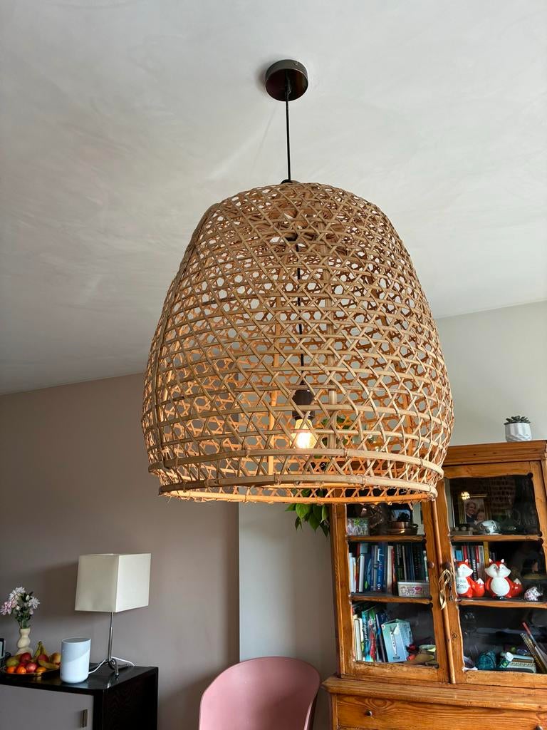 Grote rotan hanenmand hanglamp, diameter 55cm, Ophalen, Zo goed als nieuw, Overige materialen, 50 tot 75 cm