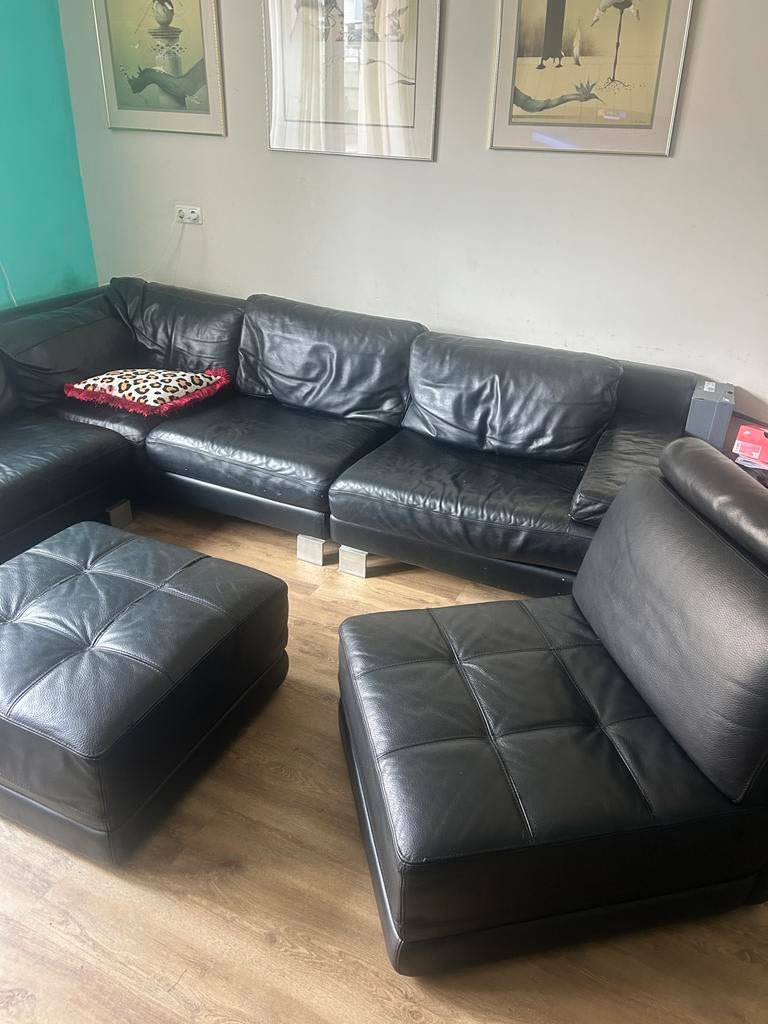 Italiaanse Kalfslederen Lounge Hoekbank met Voetbank & Stoel, Ophalen of Verzenden, Gebruikt, Leer