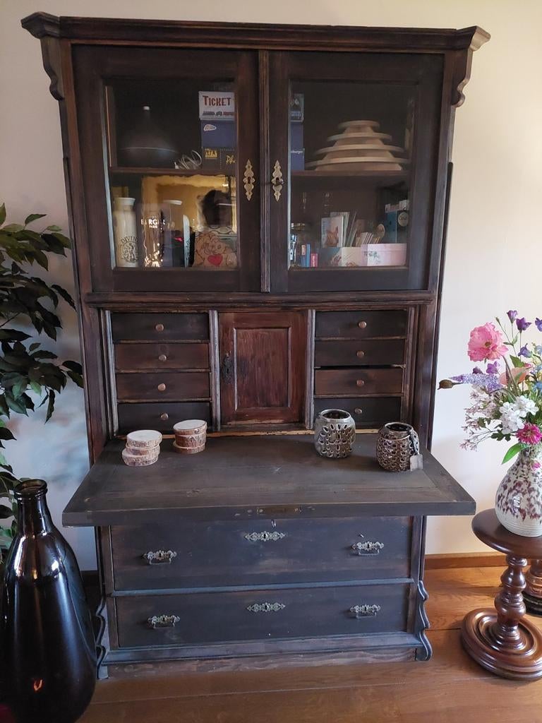 Donker gebeitste grenen houten secretaire kast, Ophalen