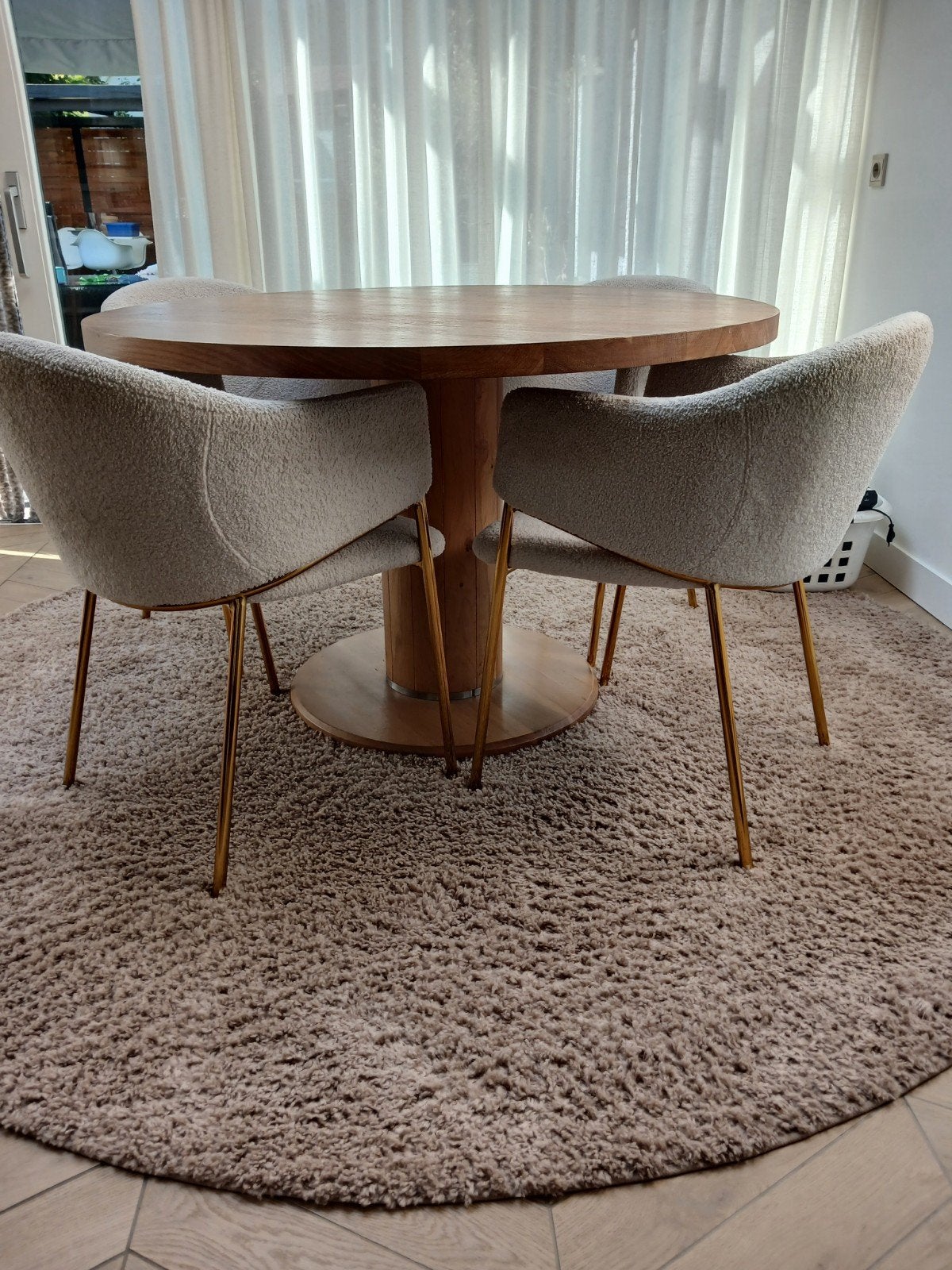 Eiken salon en eetkamer tafel incl mat en 4 stoelen, Ophalen, Rond, 100 tot 150 cm, 50 tot 100 cm