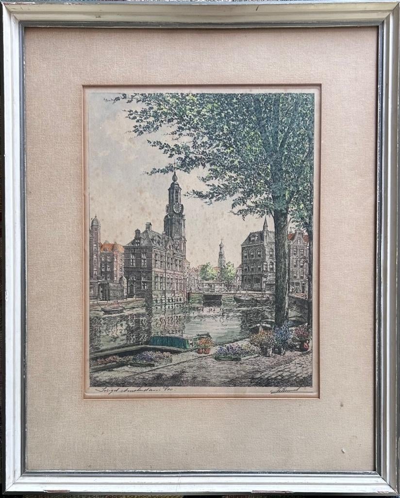 Antoon Hemert - Singel Amsterdam Ets, Antiek en Kunst, Kunst | Etsen en Gravures, Ets, Stadsgezicht, Ophalen of Verzenden, 41 cm