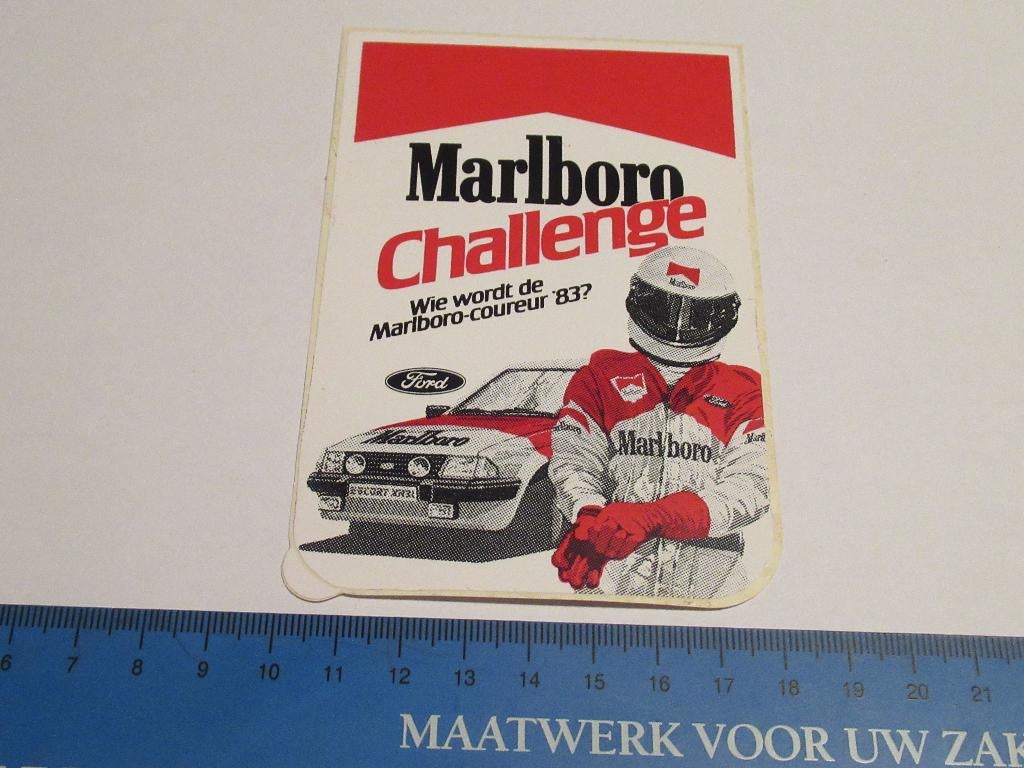 Sticker Marlboro Challenge-Wie wordt de Marlboro-coureur '83, Verzamelen, Stickers, Verzenden, Zo goed als nieuw, Auto of Motor