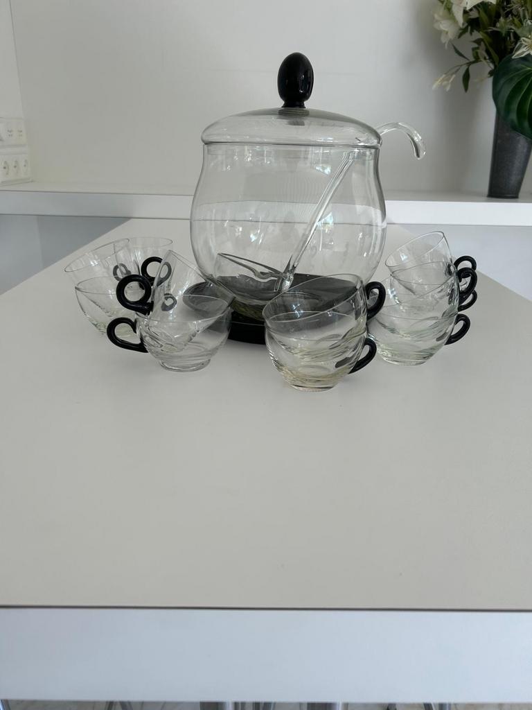 Glazen punch bowl set met 8 kopjes en lepel, Antiek en Kunst, Ophalen