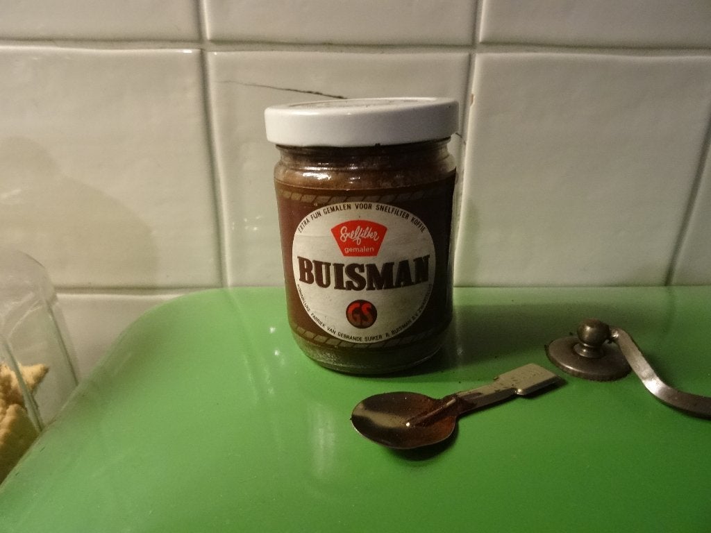 Oud glazen potje Buisman Snelfilter koffiestroop, Ophalen, Gebruikt, Verpakking
