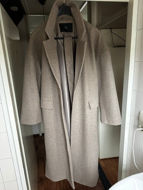 wollen mantel, Ophalen of Verzenden, Zo goed als nieuw, Maat 46/48 (XL) of groter, Beige