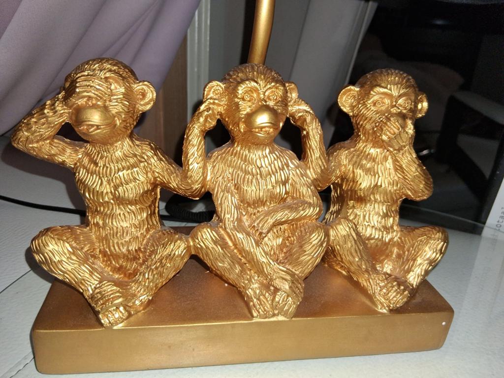 Gouden Drie Apen Tafellamp - Horen, Zien, Zwijgen, Overige materialen, 50 tot 75 cm, Ophalen of Verzenden, Zo goed als nieuw