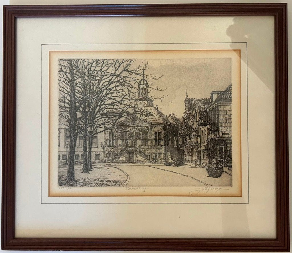 3 ingelijste gesigneerde etsen Vlaardingen, Antiek en Kunst, Kunst | Etsen en Gravures, 26 cm, Ingelijst, Stadsgezicht, Ophalen of Verzenden