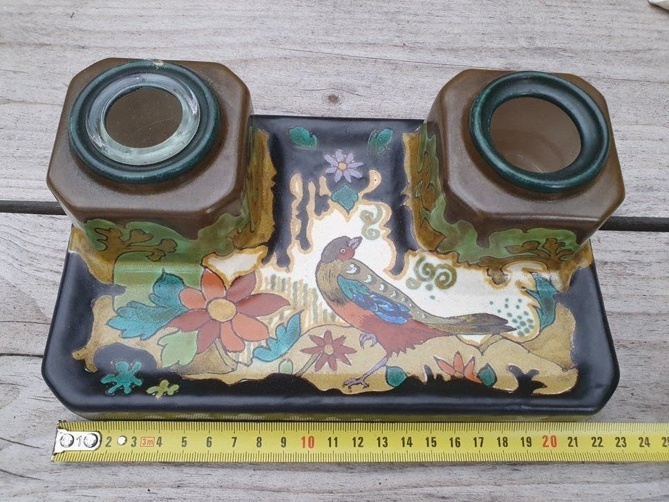 Antieke Gouds inktstel met vogeldecoratie, Gouda plateel, Ophalen of Verzenden