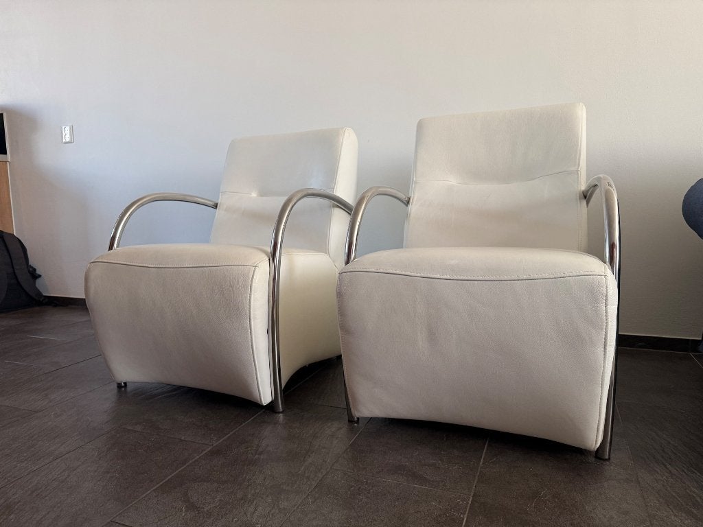 Fauteuil 2x crème wit leer | Bieden vanaf €100 samen, Ophalen, Gebruikt, 50 tot 75 cm, Leer