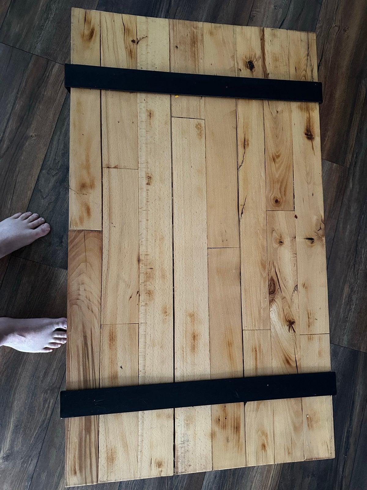 Robuuste salontafel van hout en metaal, Ophalen, Gebruikt, 100 tot 150 cm, 50 tot 100 cm