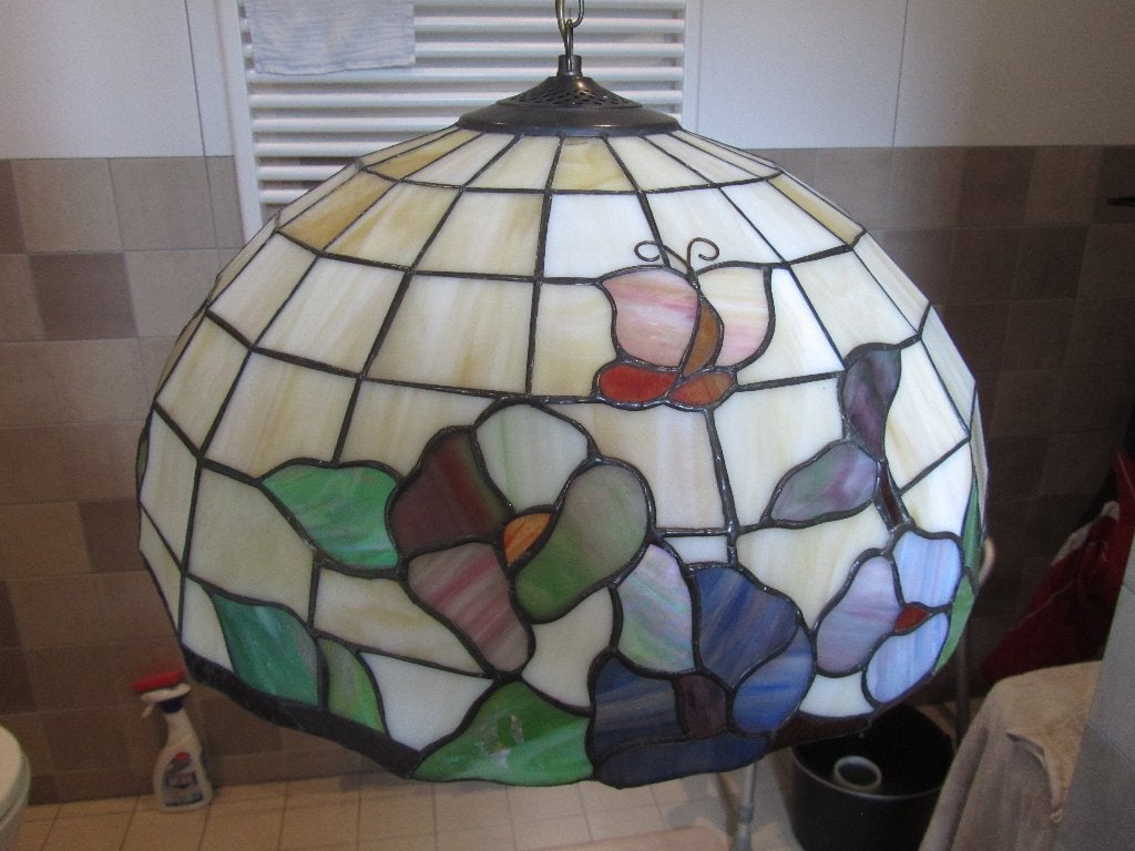 Tiffany hanglamp groot met bloemen en vlinders, Ophalen, Zo goed als nieuw, Tiffany