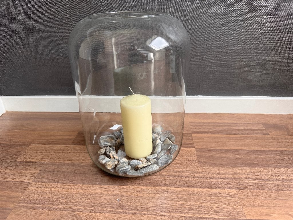 Glazen windlicht met kaars en decoratieve steentjes, Huis en Inrichting, Ophalen, Gebruikt, IKEA, Glas