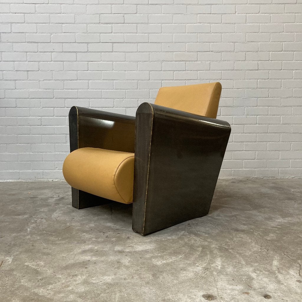 Design fauteuil stoel leer en staal, Ophalen, Gebruikt, 50 tot 75 cm, Leer