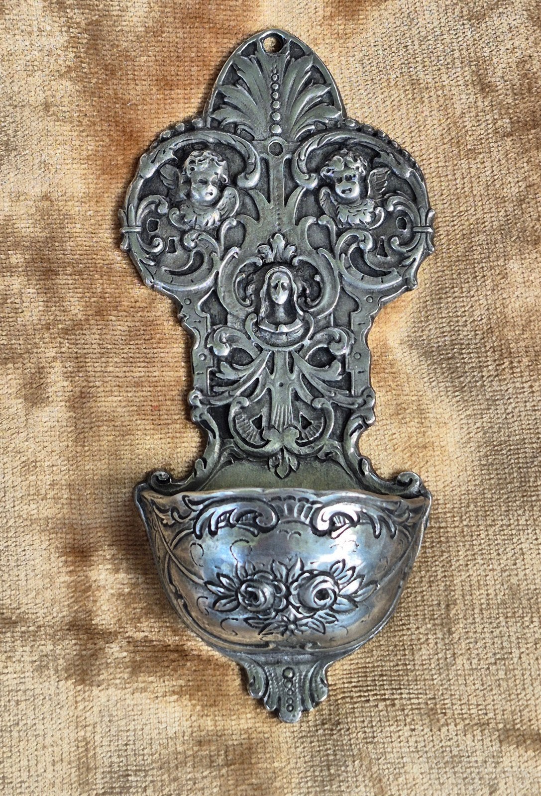 Vintage wijwaterbakje Kurz Tiel, rococo tinnen wijwaterbakje, Ophalen of Verzenden