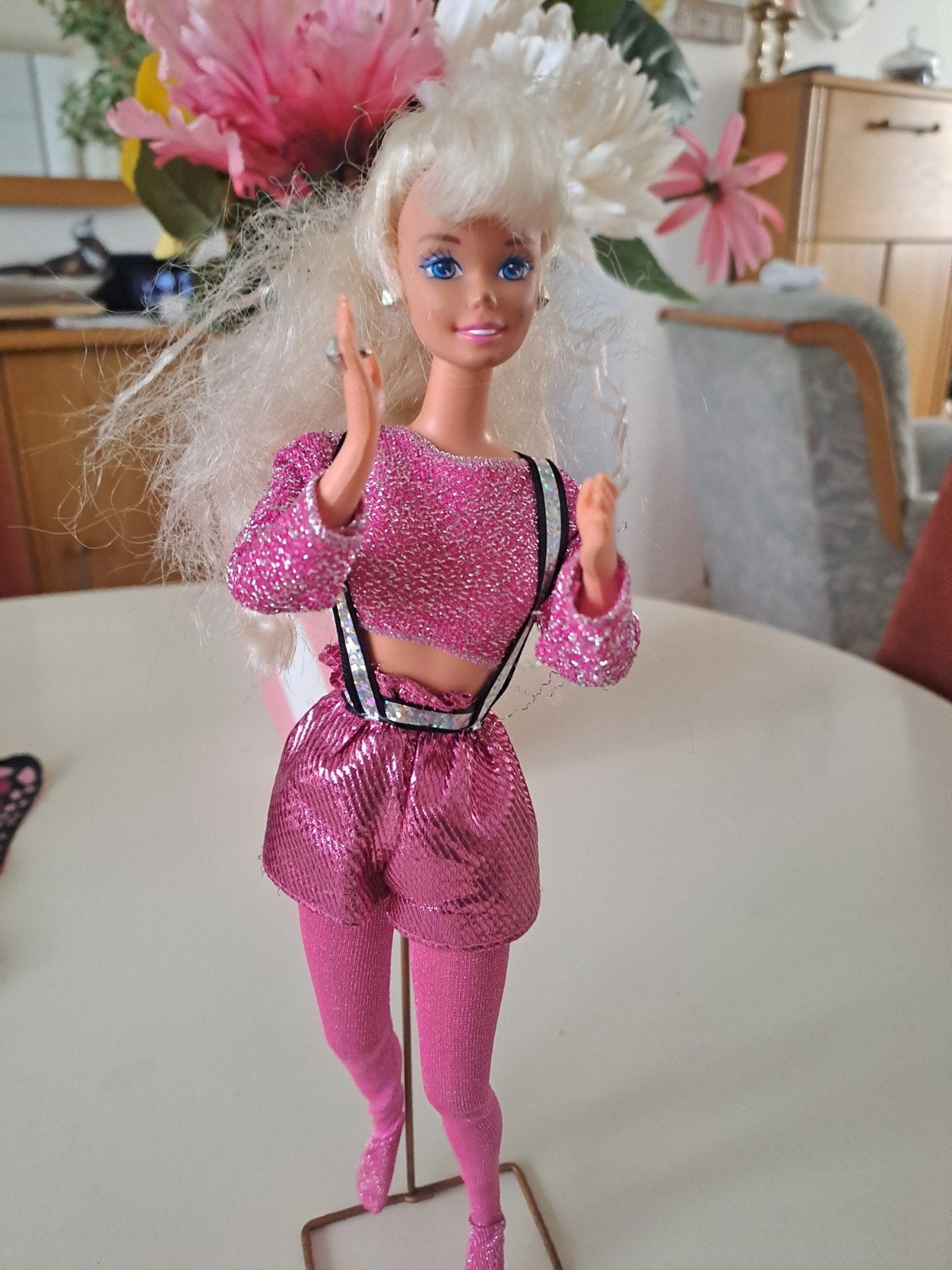 Vintage Barbie pop in roze glitter outfit, Ophalen of Verzenden