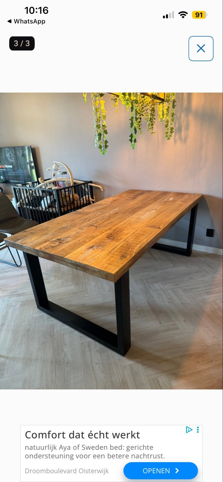 Robuuste eettafel van eikenhout met metalen onderstel, Huis en Inrichting, Ophalen, Eikenhout, 50 tot 100 cm, Zo goed als nieuw