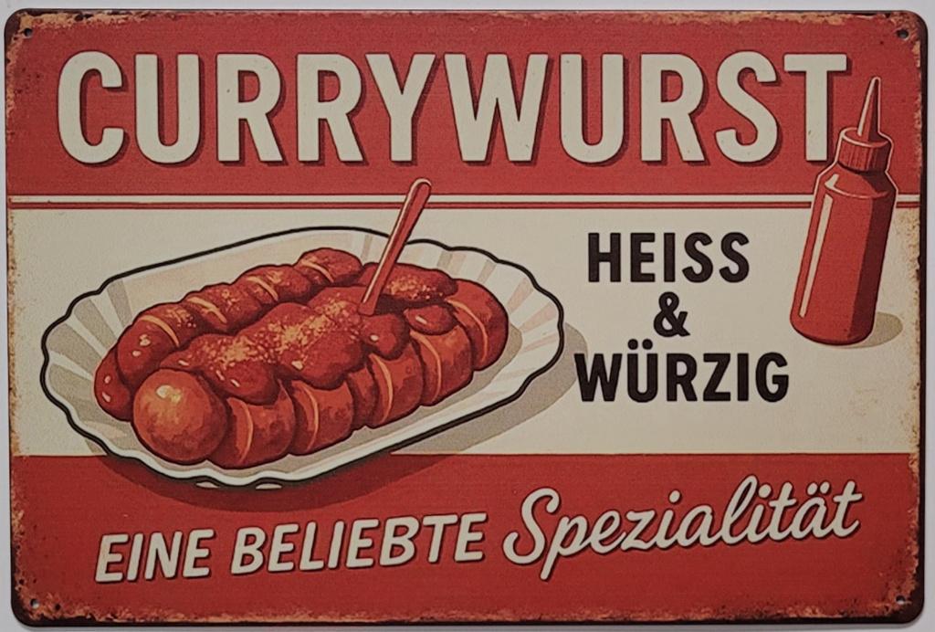 Currywurst Heiss Wurzig reclamebord van metaal wandbord deco, Info@deconoord.nl, Deco Noord, Nieuw, Ophalen of Verzenden
