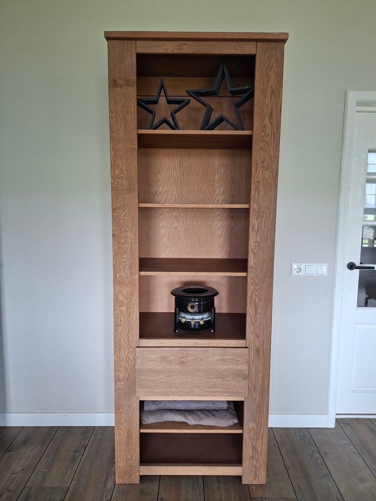 Massief eikenhouten boekenkast met lade en planken, Met plank(en), Minder dan 50 cm, 200 cm of meer, Eikenhout