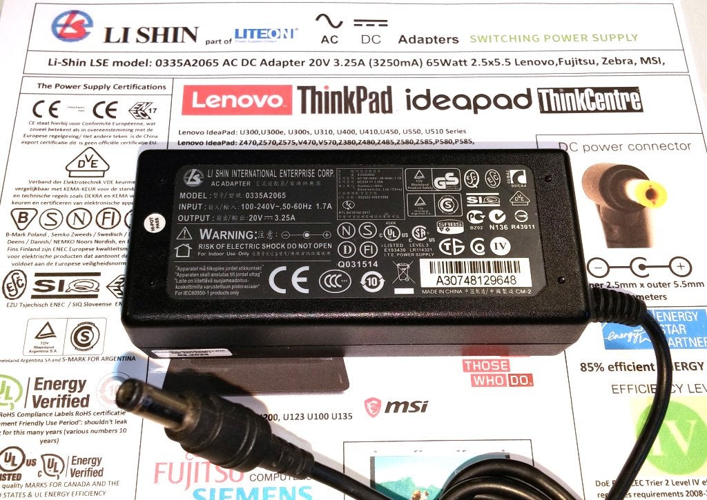Li-Shin LSE 0335A2065 20V 3.25A 65W Adapter 40W 2A Lenovo, Ophalen of Verzenden, Zo goed als nieuw, Lenovo origineel